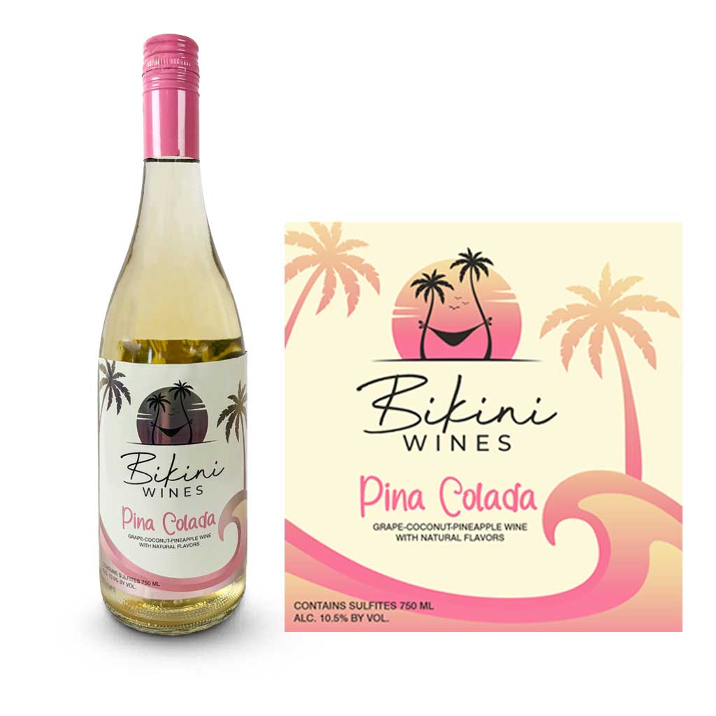 A bottle of Pina Colada wine with a tropical background.